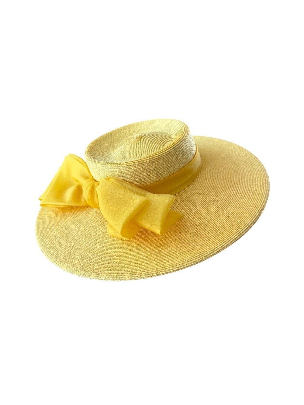 Vintage 80s Yellow Straw Wide Brimmed Hat, Chiffon Bow, Sunhat, G. Fox - Picture 4 of 8